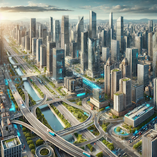 Image depicting modern city infrastructure with buildings, roads, and bridges.