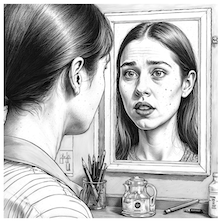 Emily looking in the mirror, worried