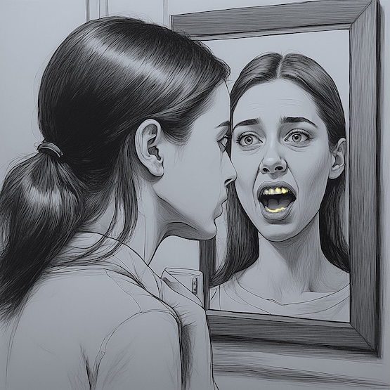 Emily looking in the mirror, worried